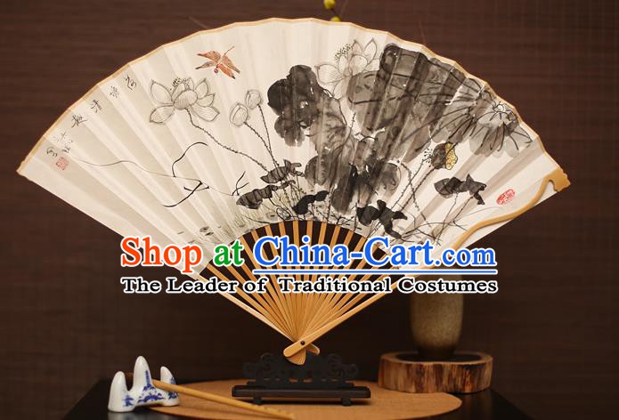 Traditional Chinese Crafts Collectables Autograph Folding Fan, China Handmade Classical Ink Painting Lotus Xuan Paper Fans for Men