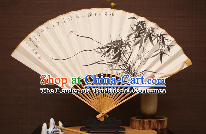 Traditional Chinese Crafts Collectables Autograph Folding Fan, China Handmade Classical Ink Painting Orchid Bamboo Xuan Paper Fans for Men