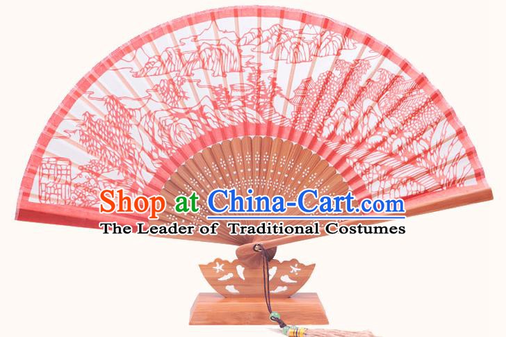 Traditional Chinese Crafts Night Bell In Nanping Mountain Folding Fan, China Handmade Classical Red Silk Fans for Women