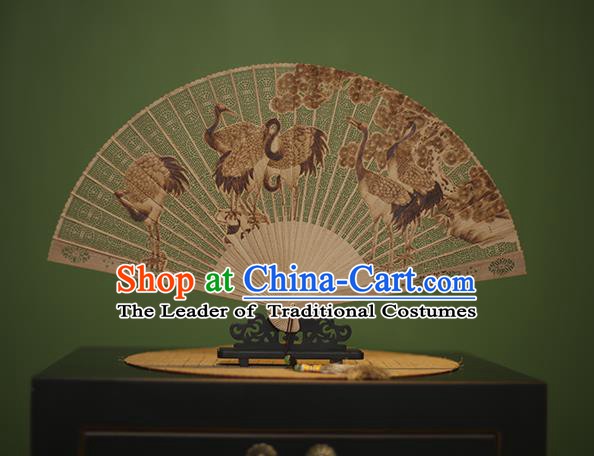 Traditional Chinese Crafts Carving Crane Classical Folding Fan, China Handmade Sandalwood Fans for Women