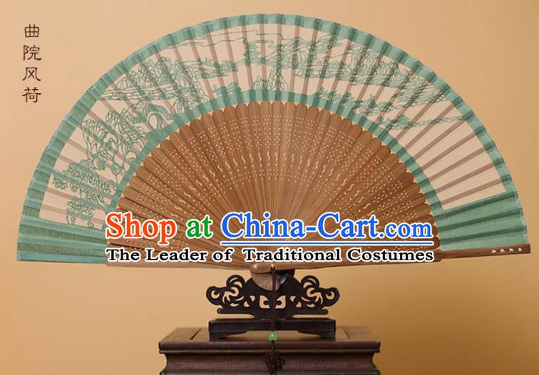 Traditional Chinese Crafts Landscape Scenery Folding Fan, China Handmade Scissor-Cut Green Silk Fans for Women