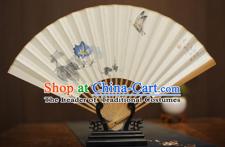 Traditional Chinese Crafts Collectables Autograph Xuan Paper Folding Fan, China Handmade Painting Petunia Butterfly Fans for Men