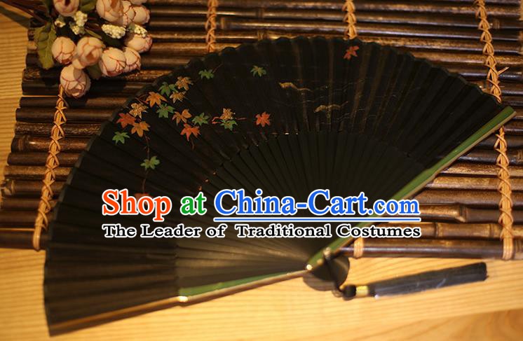 Traditional Chinese Crafts Printing Maple Leaf Classical Folding Fan, China Handmade Black Silk Fans for Women