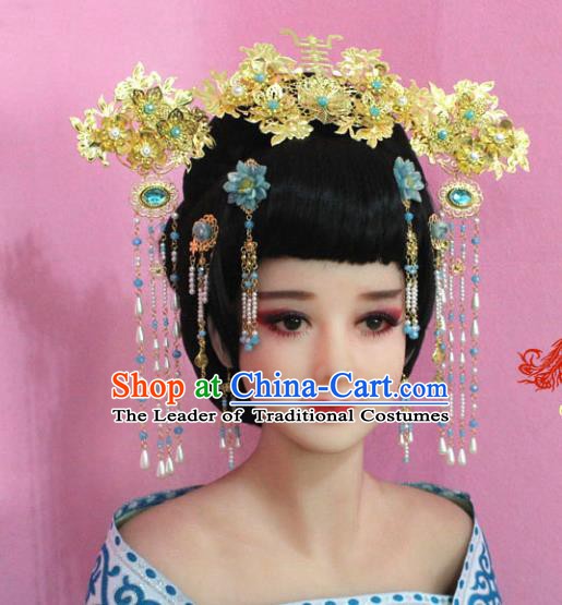 Traditional Chinese Handmade Hair Accessories Ancient Princess Hairpins Beads Tassel Step Shake Phoenix Coronet for Women