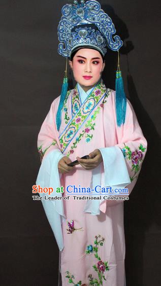 Traditional China Beijing Opera Niche Costume Pink Embroidered Robe, Chinese Peking Opera Gifted Scholar Clothing