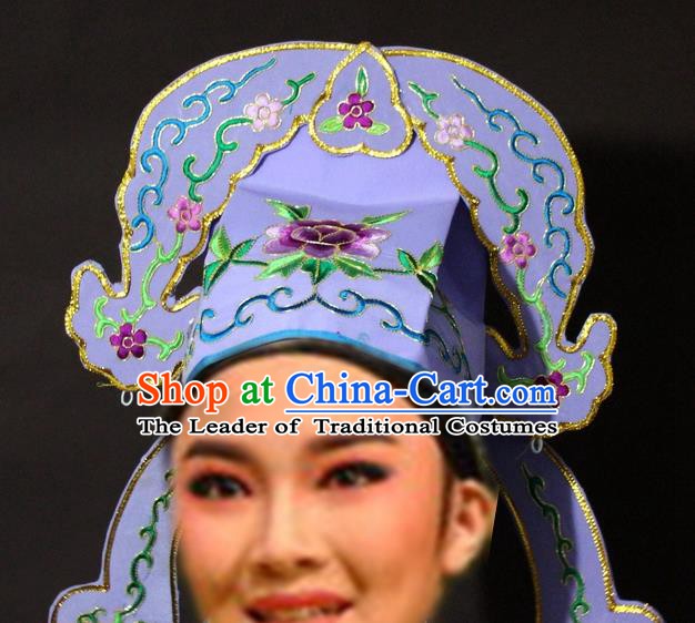 Traditional China Beijing Opera Niche Embroidered Purple Hats, Chinese Peking Opera Gifted Scholar Headwear