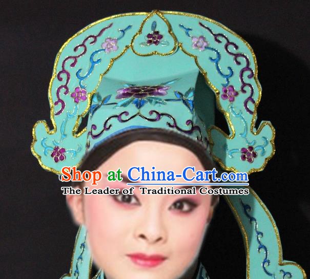 Traditional China Beijing Opera Niche Embroidered Green Hats, Chinese Peking Opera Gifted Scholar Headwear