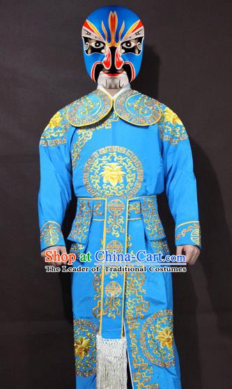 Traditional China Beijing Opera Takefu Embroidery Blue Costume, Chinese Peking Opera Soldiers Embroidered Clothing