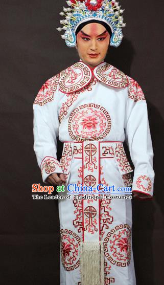 Traditional China Beijing Opera Takefu Embroidery White Costume, Chinese Peking Opera Soldiers Embroidered Clothing