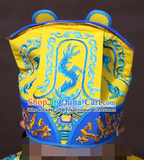 Traditional China Beijing Opera Takefu Yellow Embroidered Hats, Chinese Peking Opera Warrior Headwear