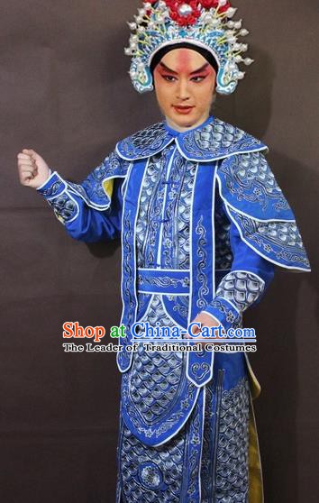 Traditional China Beijing Opera Takefu Embroidered Blue Costume, Chinese Peking Opera Warrior Clothing