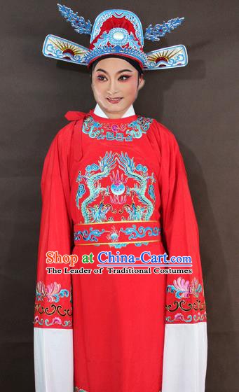 Traditional China Beijing Opera Niche Embroidery Costume, Chinese Peking Opera Lang Scholar Red Embroidered Robe Clothing