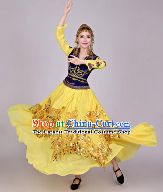 Chinese Traditional Uyghur Nationality Folk Dance Costume Uigurian Minority Yellow Dress for Women