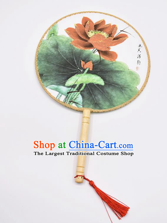 Chinese Ancient Palace Fans Handmade Traditional Printing Lotus Green Silk Round Fans for Women
