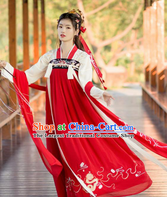 Chinese Tang Dynasty Peri Costumes Ancient Palace Princess Embroidered Red Hanfu Dress for Women