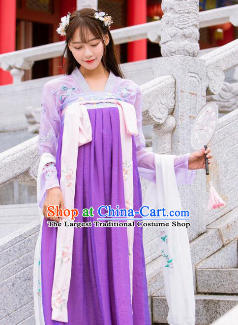 Chinese Ancient Tang Dynasty Nobility Lady Embroidered Costumes Purple Hanfu Dress for Rich