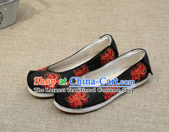 Chinese Ancient Traditional Embroidered Shoes Hanfu Embroidery Lycoris Black Cloth Shoes for Women