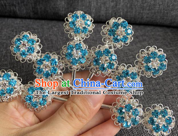 Chinese Traditional Peking Opera Diva Hair Accessories Ancient Blue Crystal Wintersweet Hairpins for Women