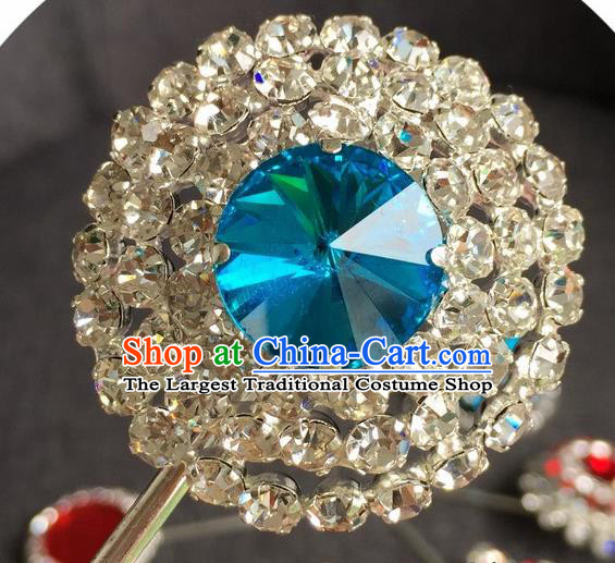 Chinese Ancient Princess Blue Crystal Hairpins Traditional Peking Opera Diva Hair Accessories for Women