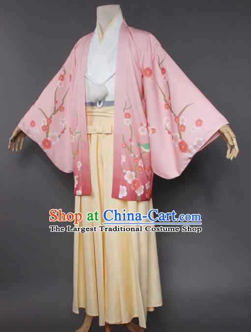 Japanese Traditional Cosplay Knight Costumes Ancient Swordsman Pink Kimono Clothing for Men