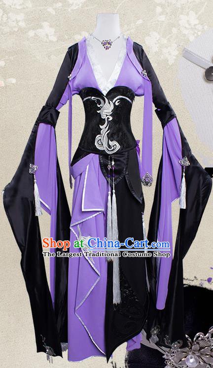 Top Grade Cosplay Female Warrior Costumes Chinese Ancient Swordsman Purple Dress for Women