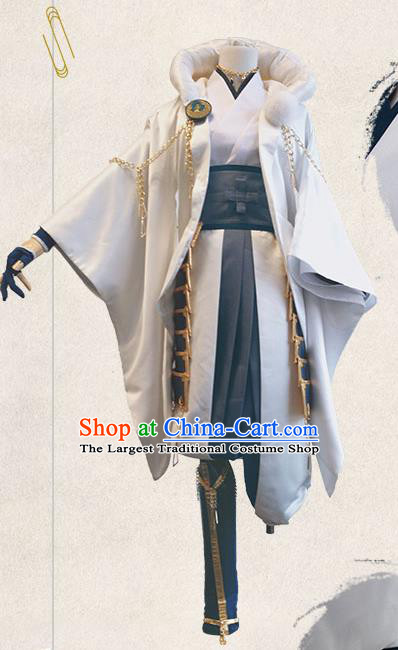 Chinese Traditional Cosplay Warrior White Costumes Ancient Swordsman Clothing for Men