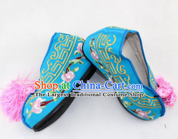 Chinese Traditional Beijing Opera Blue Blood Stained Shoes Ancient Handmade Princess Embroidered Shoes for Women
