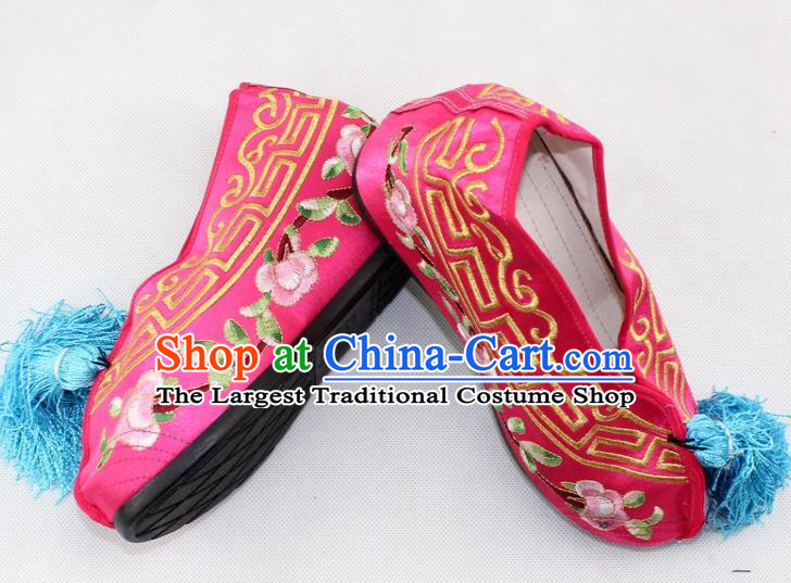 Chinese Traditional Beijing Opera Rosy Blood Stained Shoes Ancient Handmade Princess Embroidered Shoes for Women