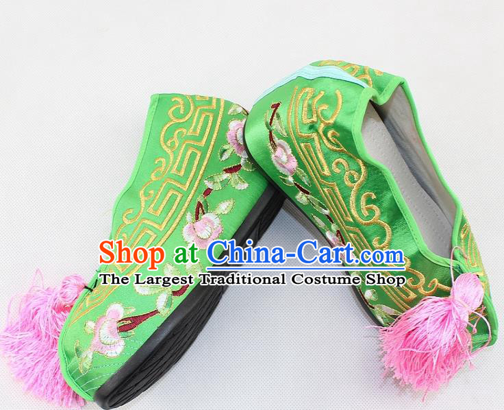 Chinese Traditional Beijing Opera Green Blood Stained Shoes Ancient Handmade Princess Embroidered Shoes for Women