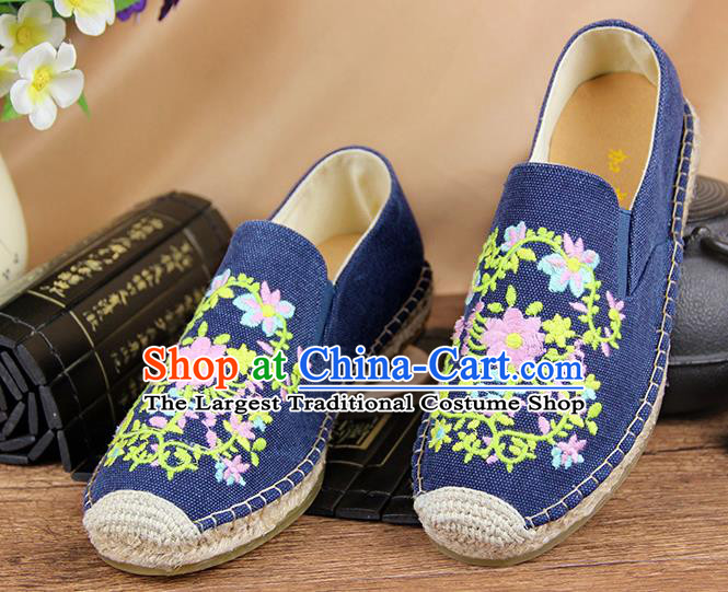 Chinese National Handmade Shoes Traditional Cloth Shoes Embroidery Flowers Blue Shoes for Women