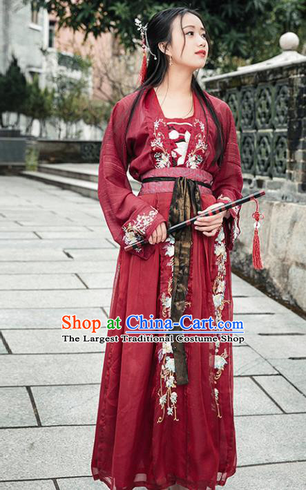 Chinese Ancient Tang Dynasty Nobility Lady Red Hanfu Dress Traditional Embroidered Costumes for Women