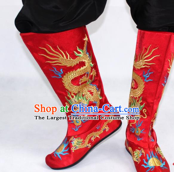 Chinese Traditional Beijing Opera Takefu Shoes Ancient Handmade Emperor Embroidered Dragons Red Boots for Men
