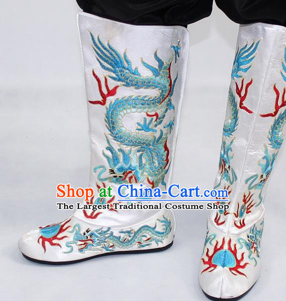 Chinese Traditional Beijing Opera Takefu Shoes Ancient Handmade Emperor Embroidered Dragons White Boots for Men