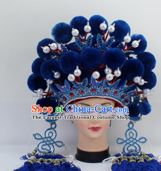 Chinese Traditional Peking Opera Royalblue Venonat Phoenix Coronet Ancient Bride Hair Accessories for Women