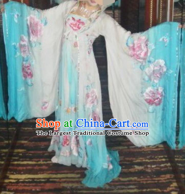 Traditional Chinese Classical Dance Embroidered Costumes Ancient Tang Dynasty Imperial Consort Blue Hanfu Dress for Women