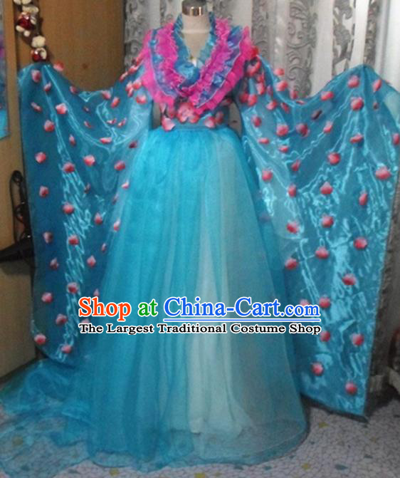 Traditional Chinese Classical Dance Embroidered Costumes Ancient Peri Blue Hanfu Dress for Women