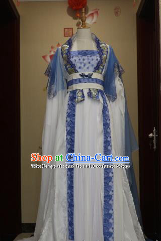 Traditional Chinese Ancient Peri Blue Hanfu Dress Tang Dynasty Court Princess Embroidered Costumes for Women