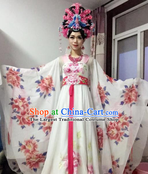Chinese Traditional Classical Dance Costume Ancient Tang Dynasty Imperial Consort Embroidered White Dress for Women