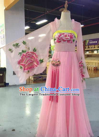 Chinese Traditional Classical Dance Costume Ancient Tang Dynasty Imperial Consort Embroidered Pink Hanfu Dress for Women