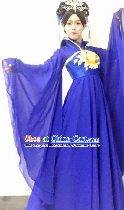 Traditional Chinese Tang Dynasty Costume Ancient Imperial Consort Embroidered Royalblue Hanfu Dress for Women