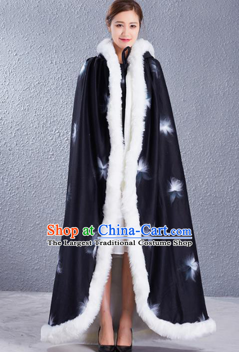 Traditional Chinese Ancient Princess Costumes Black Woolen Cloak for Women