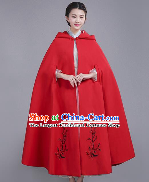 Chinese Traditional Costumes Ancient Hanfu Embroidered Red Woolen Cloak for Women