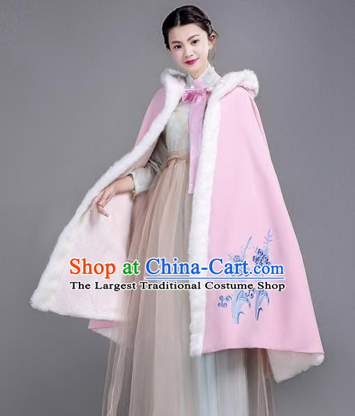 Chinese Traditional Costumes Ancient Hanfu Embroidered Pink Woolen Short Cloak for Women