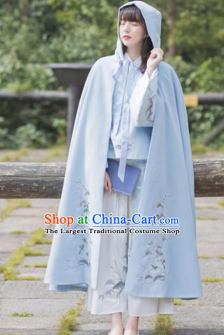 Chinese Traditional Costumes Ancient Princess Hanfu Embroidered Blue Woolen Cloak for Women