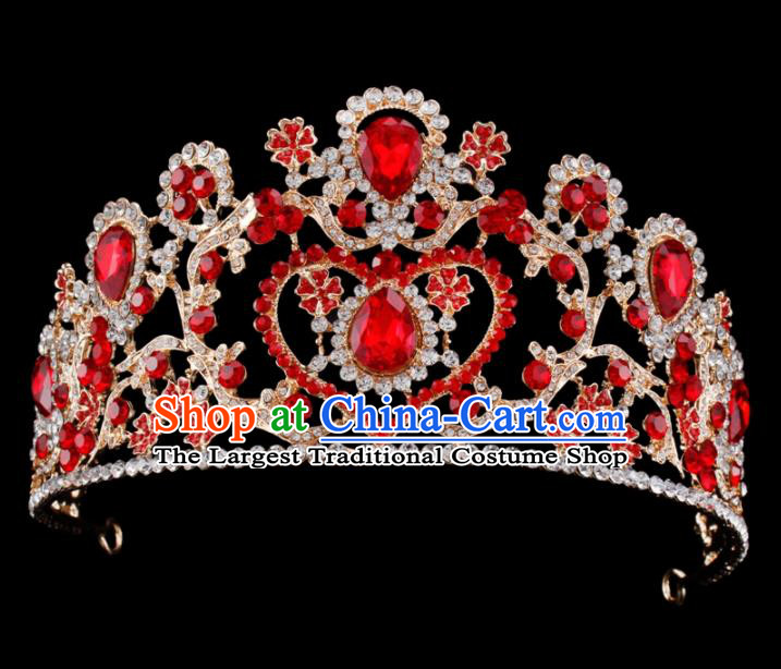 Baroque Style Bride Hair Accessories Queen Retro Red Crystal Royal Crown for Women