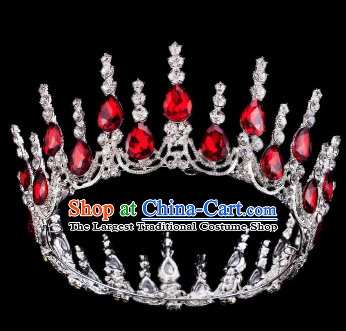 Baroque Wind Retro Hair Accessories Bride Red Rhinestone Round Royal Crown for Women
