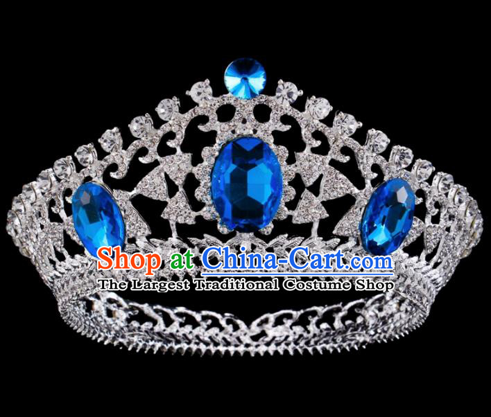 Top Grade Baroque Bride Retro Hair Accessories Princess Blue Crystal Round Royal Crown for Women