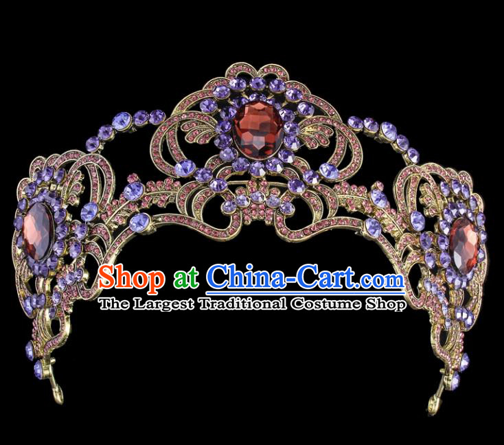 Top Grade Baroque Style Handmade Purple Crystal Royal Crown Bride Retro Wedding Hair Accessories for Women