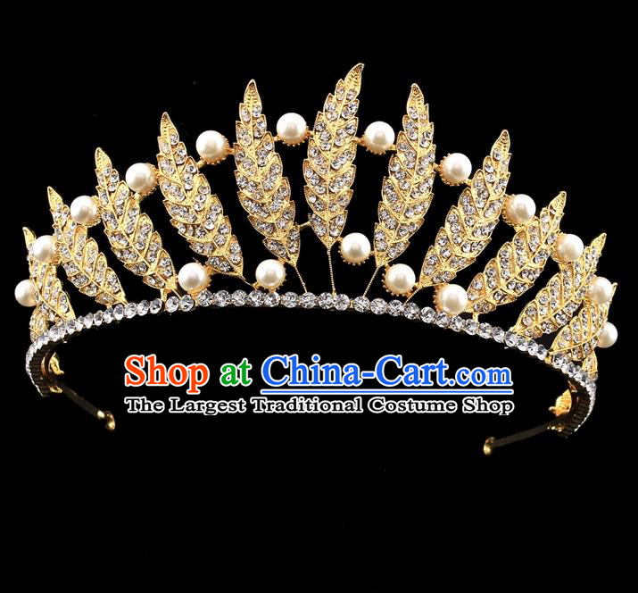 Handmade Wedding Queen Golden Leaf Royal Crown Baroque Retro Hair Accessories for Women