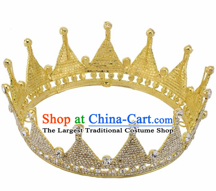 Handmade Top Grade Princess Crystal Golden Round Royal Crown Baroque Bride Retro Wedding Hair Accessories for Women